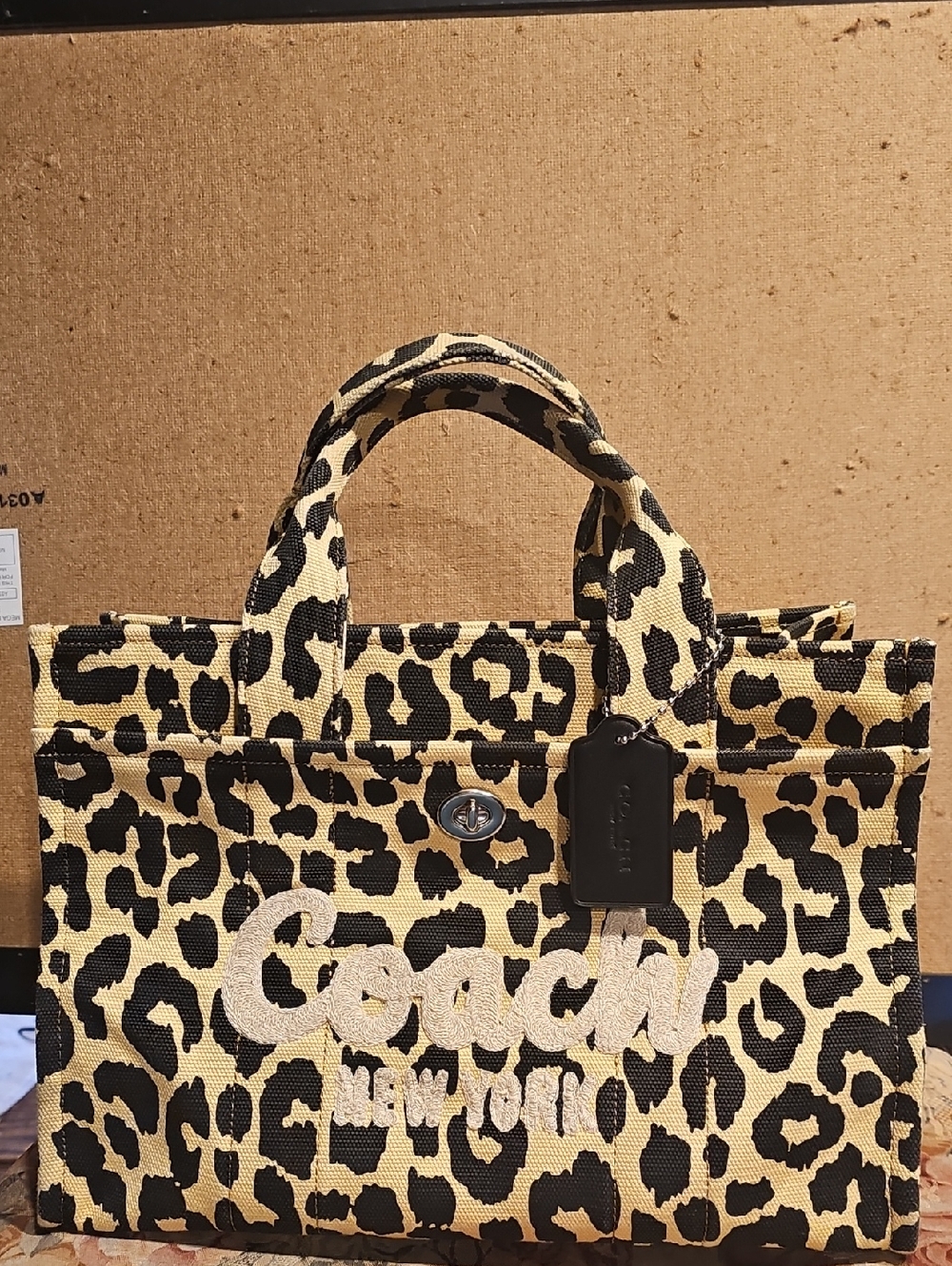Coach Leopard-Print Canvas Tote in Black and Tan